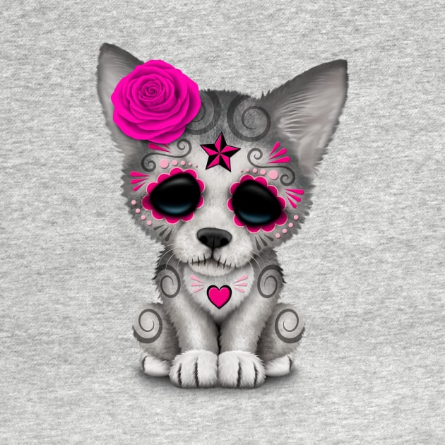 Pink Day of the Dead Sugar Skull Wolf Cub by jeffbartels